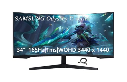 Image of Samsung 34 inch Odyssey G Series WQHD Gaming Monitor, FreeSync Premium, 1000R UltraWide Curved, 165Hz, 1ms, Black, with GSF HDMI Cable
