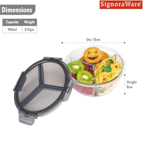 Image of Signoraware Hive Borosilicate Glass 3 Compartment Round Lunch Box | Airtight & Leakproof Multi-Section Container | Microwave Safe | Ideal for Office Lunch & Outdoors (900ml | Clear)