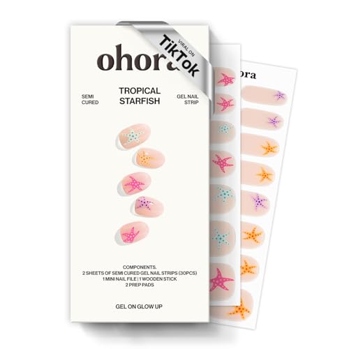 ohora Semi Cured Gel Nail Strips (N Tropical Starfish) - Beige Art Works with Any Lamps Salon-Quality Long Lasting Easy to Apply & Remove - Includes 2 Prep Pads Nail File & Wooden Stick