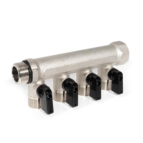 VANCOCO Distribuidor sanitario de 4 vías de latón niquelado – entrada 3/4 pulgadas, 4 salidas de 1/2 pulgadas – Distribuidor de agua con 4 válvulas de cierre para calefacción, suministro de agua y