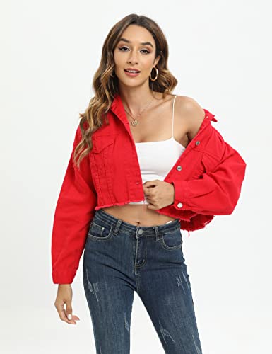 Locachy Women's Cropped Ripped Distressed Denim Jacket Casual Button Down Loose Jeans Coat Fringe with Frayed Hem3