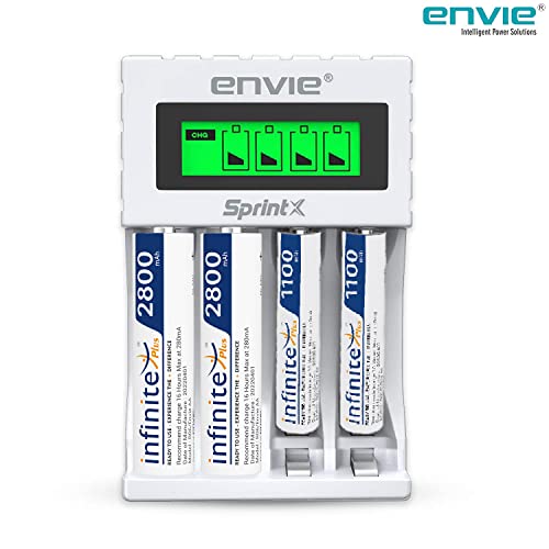 Image of ENVIE (ECR 11MC+2800+1100) SprintX Ultra Fast Rechargeable Batteries Charger for AA & AAA Ni-mh, with 2xAA2800 & 2AAA1100 Rechargeable Batteries, with Over Charge Protection
