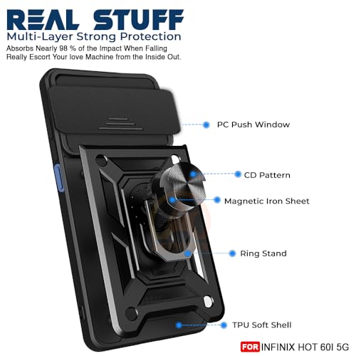 Image of Armor Bumper Back Cover Case for infinix hot 60i Rotating Camera Cover, Ring Holder & Kickstand | Heavy Duty & 360 Degree Protection infinix hot 60i Back Cover (Black)