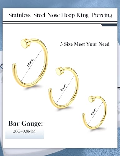 Drperfect 18/20/22G 36PCS 316L Stainless Steel Nose Rings Hoops Nose Piercing Jewelry for Women Men Colored Hoop Nose Ring 6mm 8mm 10mm 12mm2