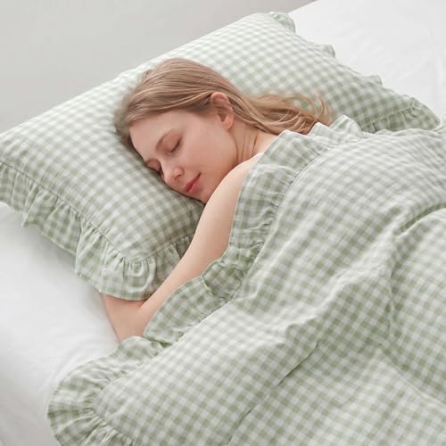 Image of Nayoroom Gingham Duvet Cover Queen Size Green Ruffle Plaid Checkered Duvet Cover 3 Pieces Soft Washed Microfiber Vintage Farmhouse Dorm Bedding Set Gifts for Women Men