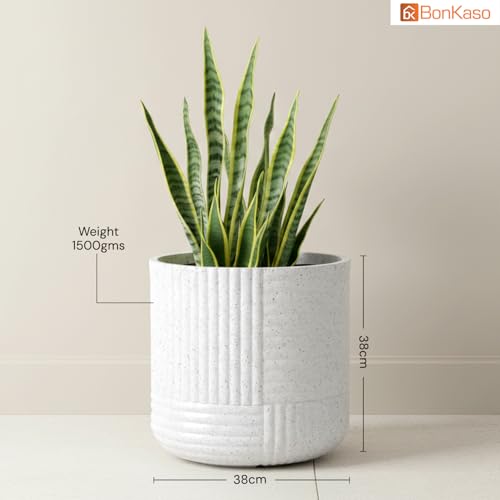 Image of Bonkaso 15 Inch Ribbed Planter Pot for Indoor & Outdoor Use | Round Heavy Duty Polymer Flower Pot | Lightweight Weather Resistant Modern Gamla for Living Room Balcony & Terrace (White)
