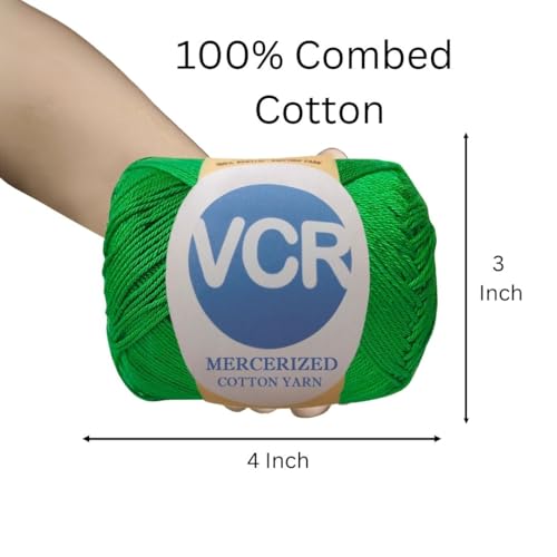 Image of VCR 4 Ply Green 100% Mercerized Cotton Yarn, 60 Grams Hank, 190 Meters Length, Cotton Combed Ball, Smooth and Glossy Crochet Yarn for Crochet and Knitting, Pack of 1, Suitable for DIY Crafts