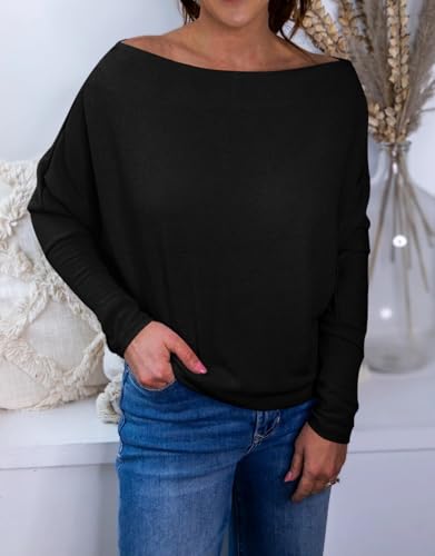 Okiwam Women's Fall Tops Long Batwing Sleeve Shirts Boat Neck Off The Shoulder Loose Tunic Blouses 2025 Fashion Clothes