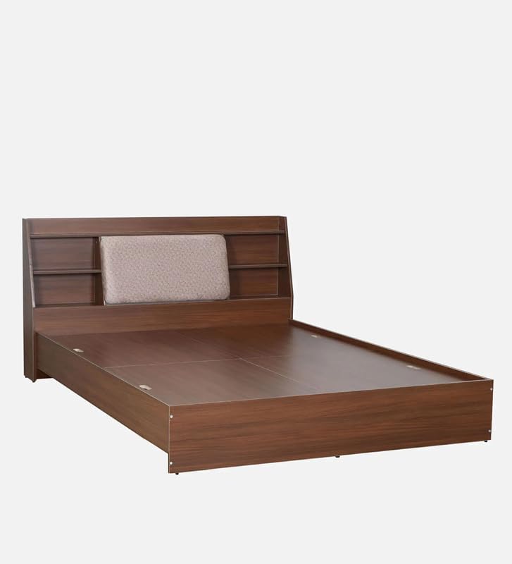 Image of Mintwud Pepperfry Engineered Wood Queen Size Bed Without Storage | Wooden Double Bed Cot with Upholstered Headboard Shelf for Bedroom, Living Room & Hotel (Walnut Finish)