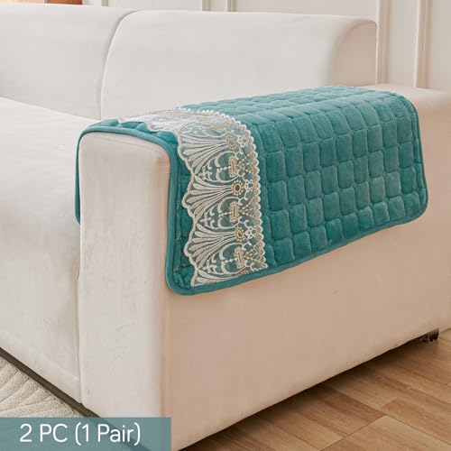 Image of HOKIPO 'BelleLace Series' Imperial Milk Velvet Anti-Slip Sofa Armrest Covers with Lace | 1 Pair - Teal (AR-5961-TEAL*2)