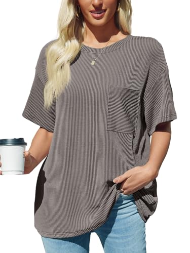Tankaneo Womens Oversized Short Sleeve Tops Summer Textured Crew Neck T Shirt Ribbed Casual Basic Tees2