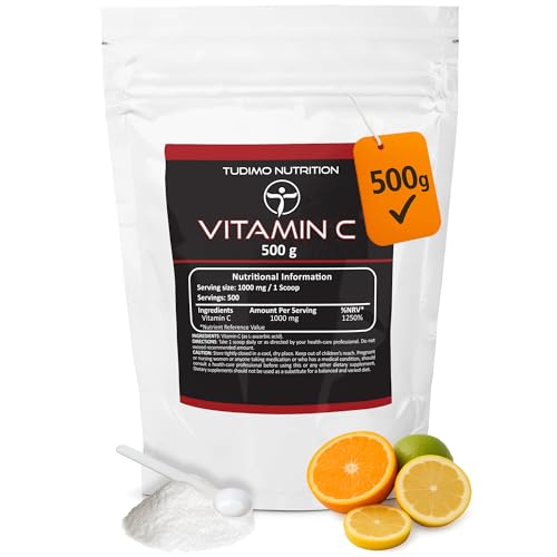 Vitamina C en Polvo 500g | 1000mg por porción | Vegan | Cada dosis con 1000 mg de Vit C Acido L Ascorbico Puro en Polvo en un Paquete Familiar XXL (Vitamin C Powder 500 g Supplement)