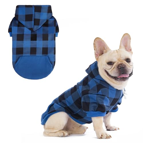 KOOLTAIL Plaid Dog Hoodie Pet Clothes Sweater with Hat and Pocket for Small Medium Large Size Dogs, Soft Winter Warm Dog Cold Weather Coat, Fleece Fall Dog Hooded Sweatshirt for Puppy Cats, Blue M