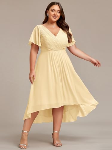 Image of Ever-Pretty Plus Summer Short Sleeves V-Neck Formal Wedding Guest Dresses for Curvy Women Chiffon Midi Cocktail Party Dress