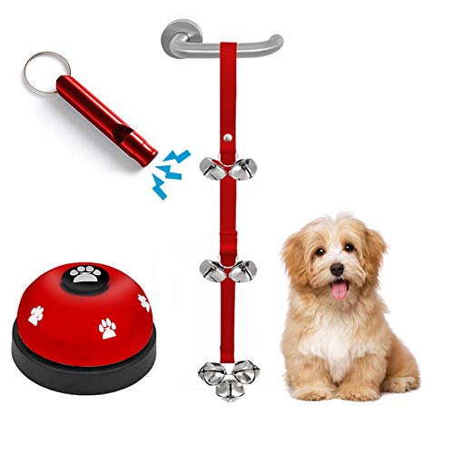 XIRGS Dog Bell, Training Potty Pet Doorbell Adjustable Door Press Bell for Toilet Training Hunting 7 Large Dog Training Bells Clear Ring Pet Tool Communication Device with Whistle (Red)
