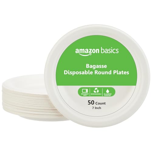 Image of Amazon Basics Bagasse Disposable Round Plates | 7 Inch - Pack of 50 | Biodegradable | Leak-Resistant | Hot & Cold Food Safe | Eco-Friendly | Party, Weddings, Birthdays, Events, Travel Plates