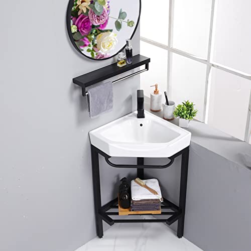 Corner Bathroom Sink White Ceramic Console Pedestal Laundry Sinks Free Standing Wash Basin Sinks Porcelain Vessel Basin Rectangle With Stainless Steel Metal Legs Stand Vanity Sink Black Storage Shelf #TOP1
