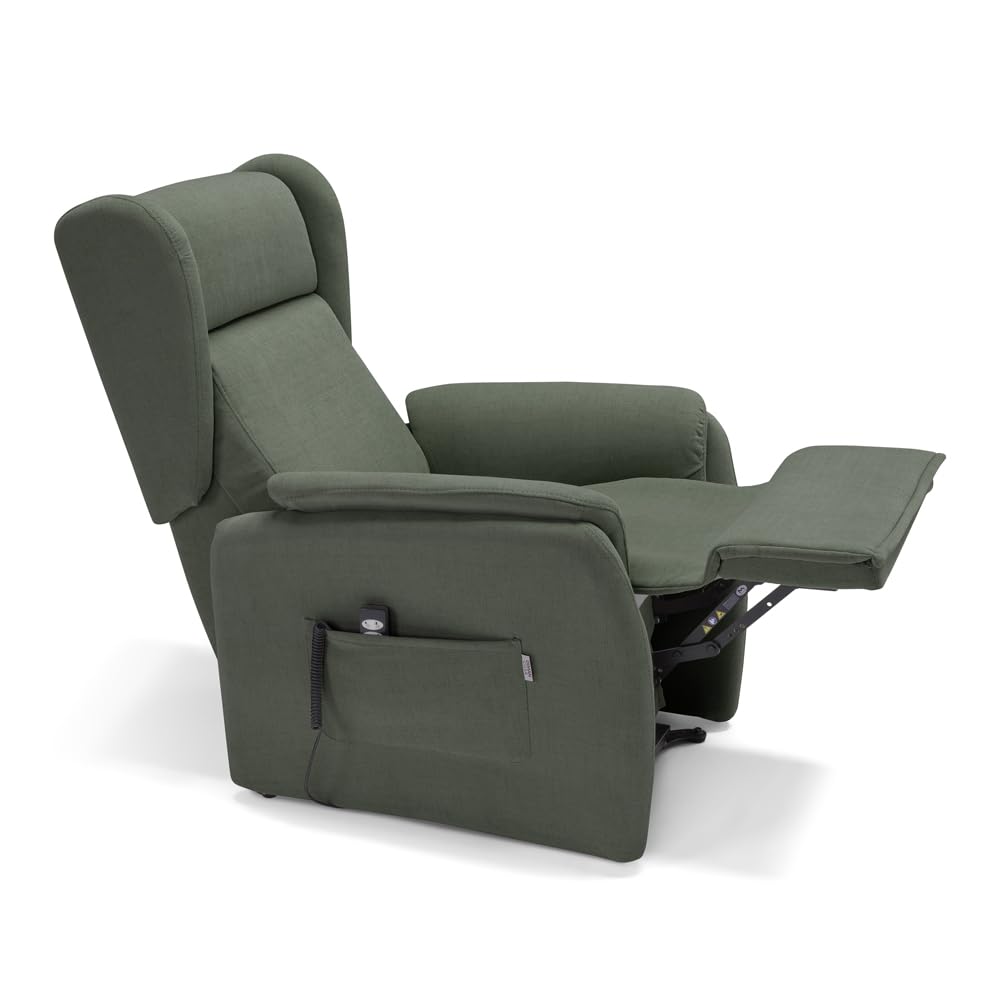 Poltrona relax elettrica FIRENZE MADE IN ITALY per anziani e disabili con kit batteria optional, 2 motori, 4 ruote, optional antimacchia (Senza Kit Batteria, Tessuto Antimacchia, Verde Foresta)