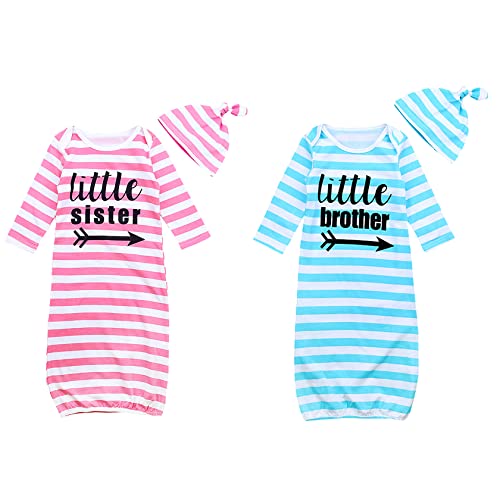 Newborn Baby Twins Knotted Nightgowns Set Soft Sleeper Gowns Striped Infant Sleeping Bags with Hats Set2