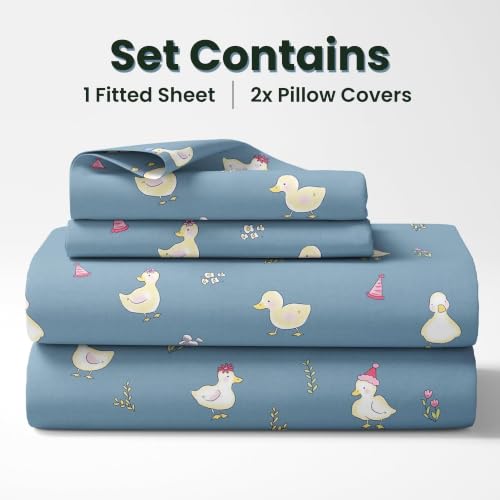 Image of LORETO - A QUALITY LINEN BRAND 144 TC 100% Pure Cotton Double /Queen Fitted Bedsheet with 2 Pillow Covers for 72 x 60 Inch Mattress, All-Around Elastic, 8 Inch Deep Pocket, Pastel Blue Duck Party