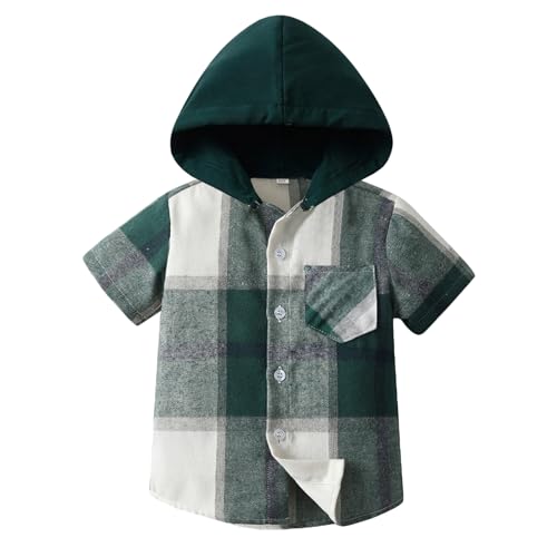 Amur Leopard Kinder Kariertem Hemd mit Kapuze Jungen Kurzärmelige Übergangsjacke Mädchen Outdoorjacke für Sommer, Grün, 152-158 (Etikettengröße: 160)