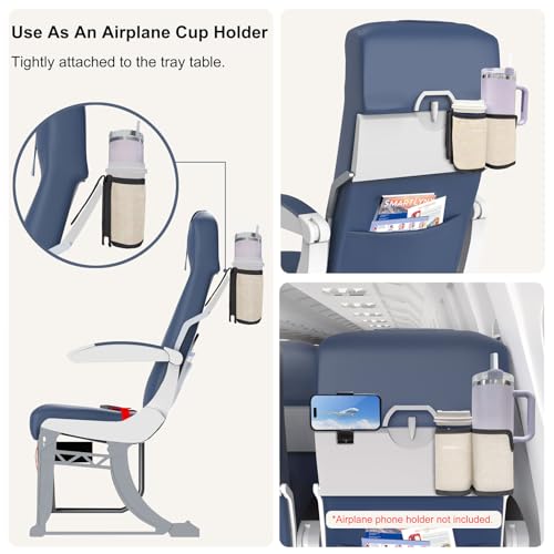 2 in 1 Luggage Cup Holder for Suitcase|Airplane Tray Table Carry on Hands Free Drink Carrier for Stanley Tumblers Coffee Beverage Organizer Gifts for Travelers(Off-White)2