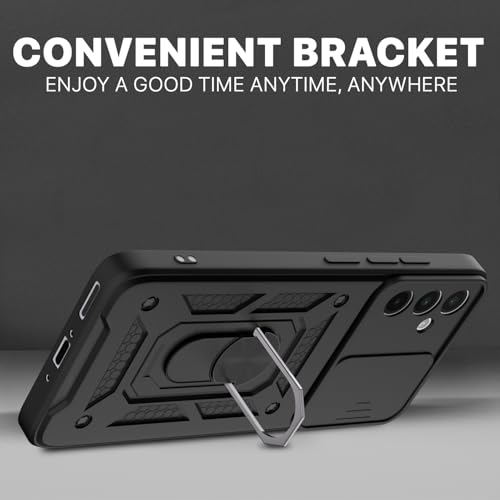 Image of Pikkme Back Cover for Samsung Galaxy A56 5G | D10 Tough Armor | 360 Protection Case | Sliding Camera Shield Cover & Ring Holder Stand Bumper Case (Black)