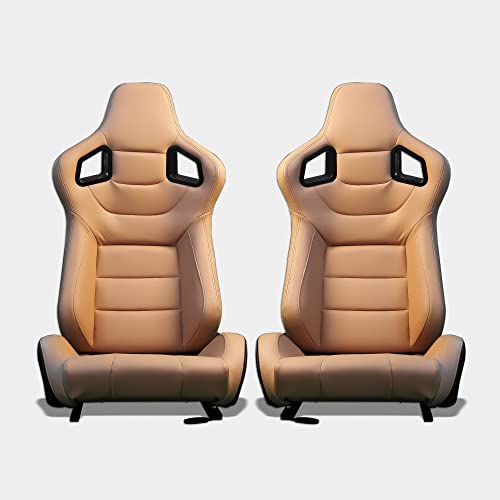 MODAUTO Asiento Deportivo Coche,Semibaquet Ajustable imitación al Cuero y Carbono, Ríeles incluidos,Conductor y Pasajero,para Coche y Simulador de Conducción,Modelo N706LR,Color Camel