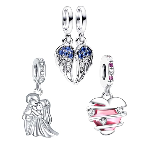 Amuefer Cuore & Coppia Sposata & Ali d'angelo Charms Compatibili Bracciale Collana, Argento Sterling Ciondolo Compleanno Natale Gioielli Regali per le Donne Moglie Amici
