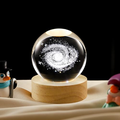 Image of 3D Galaxy Crystal Ball Lamp with Dimmable LED and Wooden Base, Night Light for Kids Teens Adults, Home Desk Office Bedroom Decor, Birthday Gift (2.4 inch / 6cm)