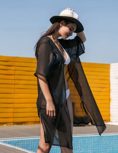 LA CARRIE Women's Chiffon Kimono Cardigan Cover Up with Half Sleeve Summer Sheer Beachwear Swimsuit for Bikini(Black) - Image 3