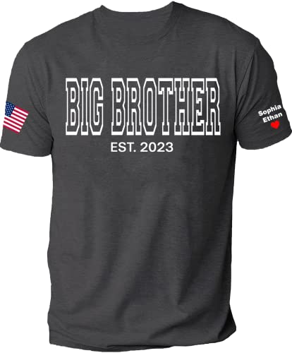 NAZENTI Big Brother Shirt est, Personalize Brothers Tshirt Gifts for Big Brother Flag USA Tee with Kid Name- Custom Daddy Tees Print on Sleeve for Men, Cute Funny Shirts for Dad, Fathers Days