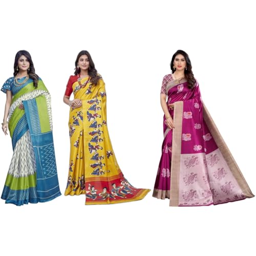 Image of Yashika Women's Sarees Women's Combo Art Silk Printed Saree With Unstitched Blouse Piece |saree for Women | saree combo | New Sari | Saree Pack Of 3