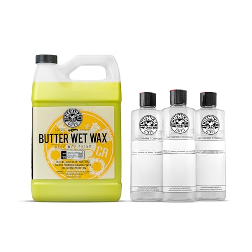Chemical Guys WAC_201 Butter Wet Wax, Deep Wet Shine for Cars, Trucks, SUVs, RVs & More, 128 fl oz (1 Gallon) + ACC139 Secondary Container Dilution Bottle with Spout Cap, 16 oz, 3 Pack - image 1