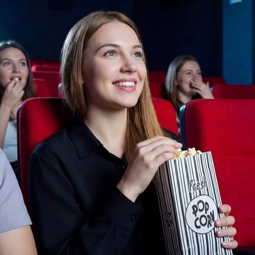 Image of Thenshop 200 Pcs Paper Popcorn Bags Flat Bottom 2 oz Disposable Film Individual Servings Oil Resistant Leak Proof Container Vintage Retro Black and White Popcorn Sleeves Bags