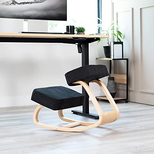 Image of VIVO Wooden Rocking Kneeling Chair, Ergonomic Home Office Stool Posture Seat, Thick Black Cushions, Light Wood Frame, CHAIR-K04R