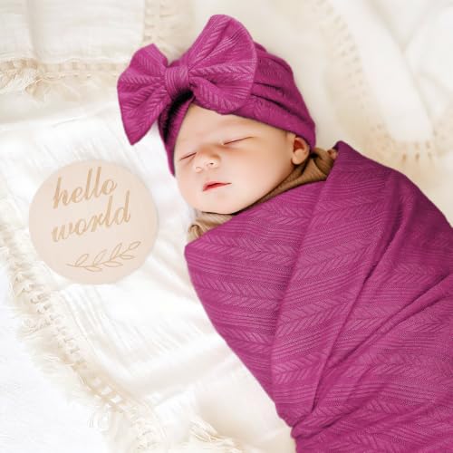 Image of BQUBO Baby Swaddle Blankets for Girls, 4PCS Newborn Accessories Set with Hat and Bow Headband with Hello World Wooden Birth Announcement Card, Baby Blankets for Girls (Pink)