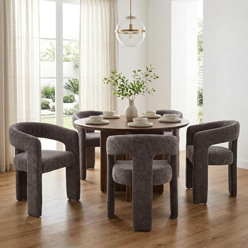 Image of HNY Modern Charcoal Grey Chenille Dining Chairs Set of 4, Upholstered Kitchen Chairs with 4 inch Thick Cushion & Wide Seat, Solid Wood Frame No Assembly Accent Chairs for Dining Room, Kitchen, Restaurant