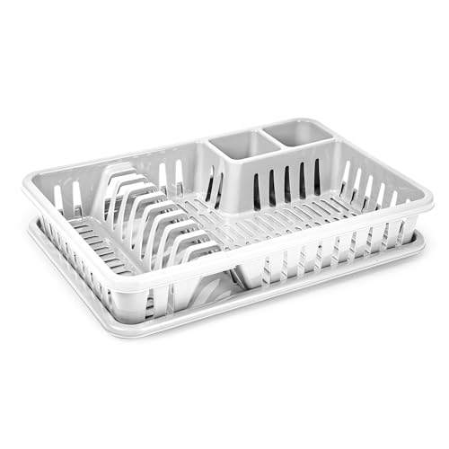 CABLEPELADO Escurreplato de plastico, Escurridor de Platos, Escurridor Fregadero 2 módulos, con Bandeja Anti-Goteo, Plástico, 44 cm de Ancho x 29 cm de Fondo x 7 cm de Altura, Blanco Crudo