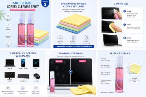 Image of Screen Cleaner Spray Kit with Premium Microfiber Cloth for Mobile, Laptop, TV, Monitor & Tablet (Pack of 2)