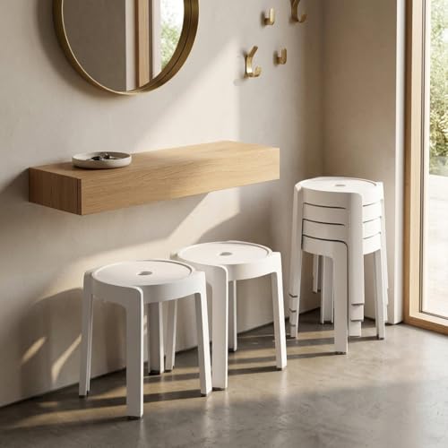 Image of The Artment White Tivo Set of 6 Plastic Stool Modern Stackable Multipurpose with Anti-Slip Base | Lightweight Waterproof PP Stool for Bathroom, Kitchen, Balcony & Living Room | Use for Home & Office