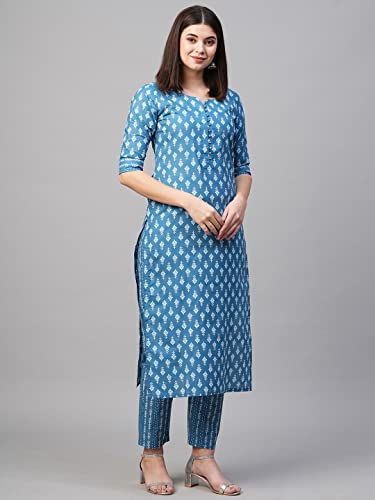Image of GoSriKi Women's Cotton Blend Printed Straight Kurta With Pant