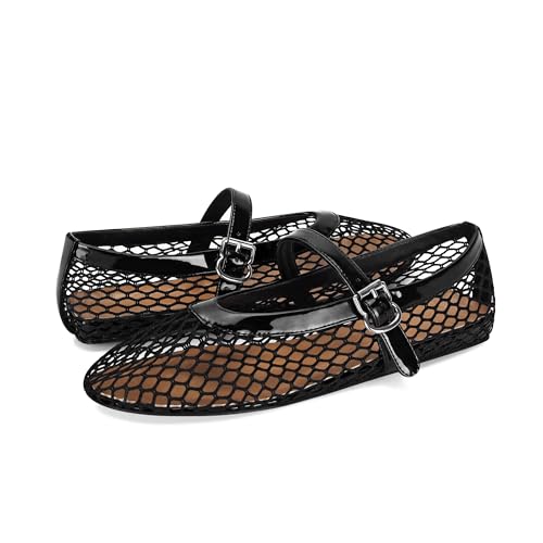 Mesh Ballet Flats for Women Ballerina Mesh Shoes Mary Jane Flats Sandals Fishnet Buckle Strap Round Toe Comfortable Casual Office Summer Dress3
