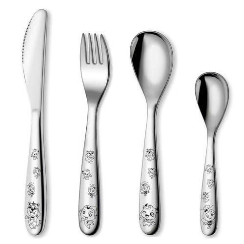 Couverts Enfant Set 4 Pièces Enfant Inox, Sécurité pour Cuillère Fourchette Enfant, Polissage à Miroir Fait à la Main, Poignée à Motif Dessin Animé,...
