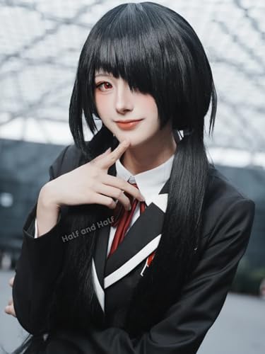 Image of Half and Half Kurumi Cosplay Wig Long Black Anime Low Ponytail Wigs with Side Part Bangs 31.5'' Black Pigtails Twin Tails Evil Elf Costume Wigs for Women Pary Halloween