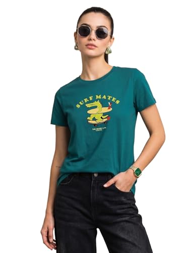 Image of JUNEBERRY Women's Regular Fit Printed Tee - 100% Pure Cotton, Round Neck, Half Sleeve Graphic T-Shirt for Daily Use (Colors: Red, Brown, Green & Future Dusk)