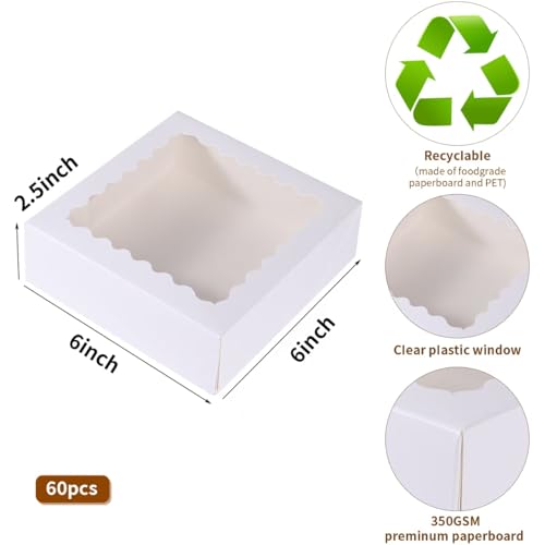 PFAMKEER 60 pcs 6x6x2.5 Inches Cake Box with Window, Bakery Pastry Cookie Boxes, Mini Pie for Pastry,Dessert,Strawberries,Chocolates (White, 6x6x2.5 Inch) by PFAMKEER - Image 7