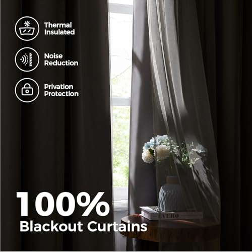 Image of 100% Blackout Curtains for Bedroom, Double Layer Grey Curtains, Black Out Curtain 90 inch Long with Sheer Overlay for Living Room, Room Darkening Window Drapes with Grommet, 52 inch W x 90 inch L