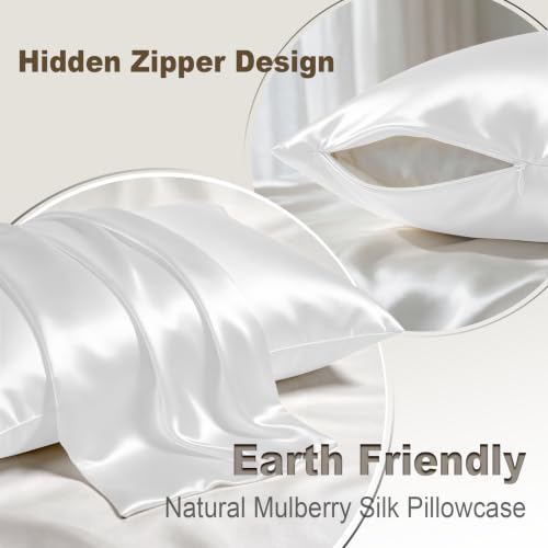 Image of LYSHIN White Silk Pillow Cases 2 Pack King Size with Zipper | 19 Momme Mulberry Silk Pillowcase for Skin and Hair, Anti-Acne, Hypoallergenic, Cooling, Beauty Sleep, Gifts for Women