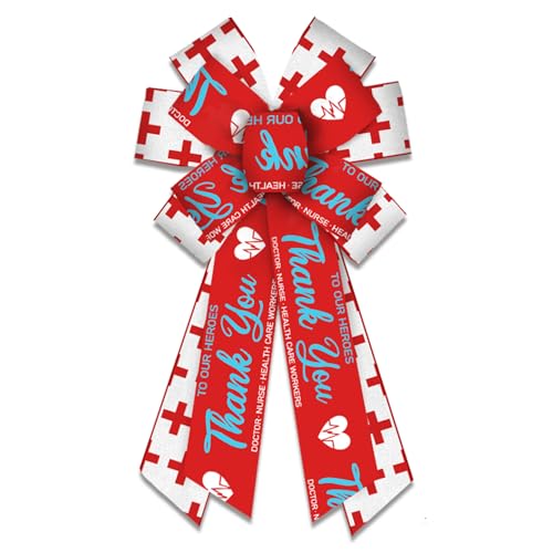 Threetols Healthcare Heroes Wreath Bows, Red White Bows for Wreath Red Cross Decorative Bows for Front Thank You Nurse Day Ornaments Hanging Wreath Bow for Indoor Outdoor Decor